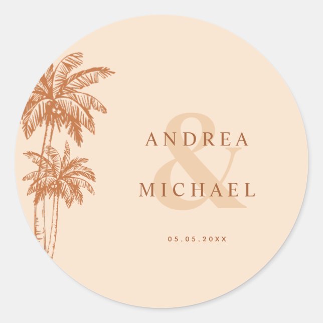 Terracotta Palm Trees & Ampersand Names Wedding Classic Round Sticker (Front)