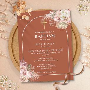 Terracotta Pampas Grass Arch Baptism Christening Invitation Postcard