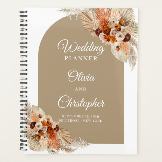 Terracotta pampas grass boho arch copper wedding planner (Front)