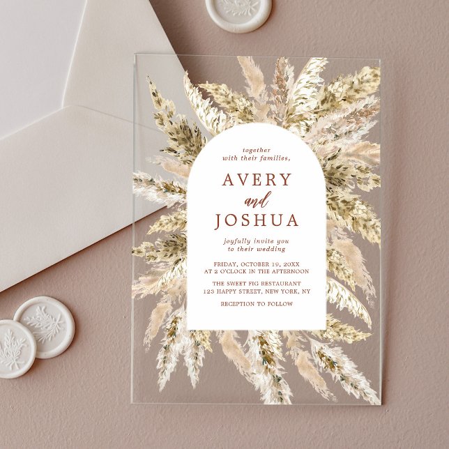 Terracotta Pampas Grass Boho Fall Wedding  Acrylic Invitations (Creator Uploaded)