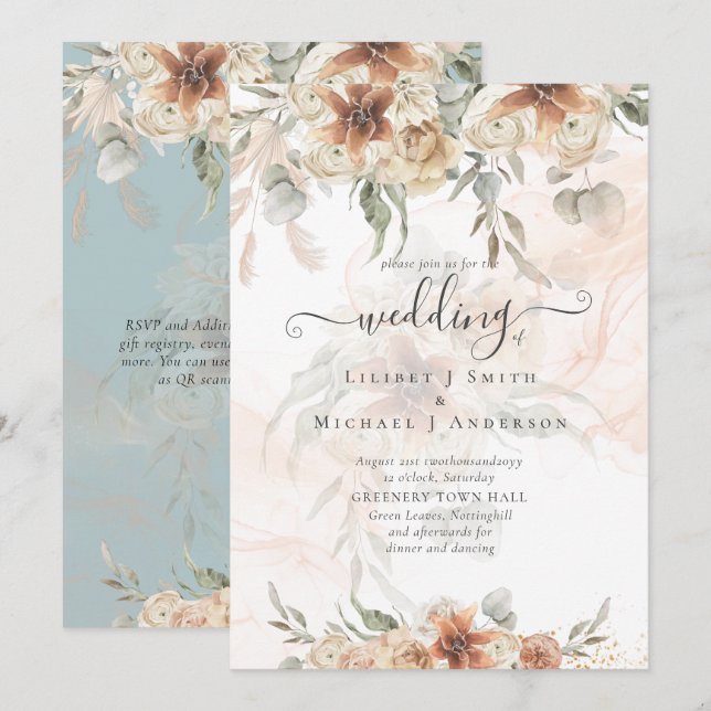 Terracotta Pampas Grass BOHO Wedding Invitation (Front/Back)