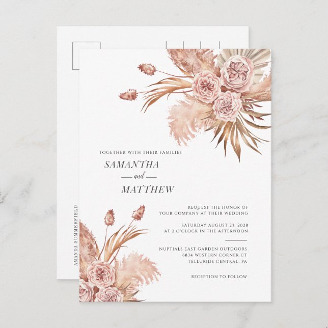 Terracotta Pampas Grass Botanical Wedding Invitation Postcard (Front/Back)