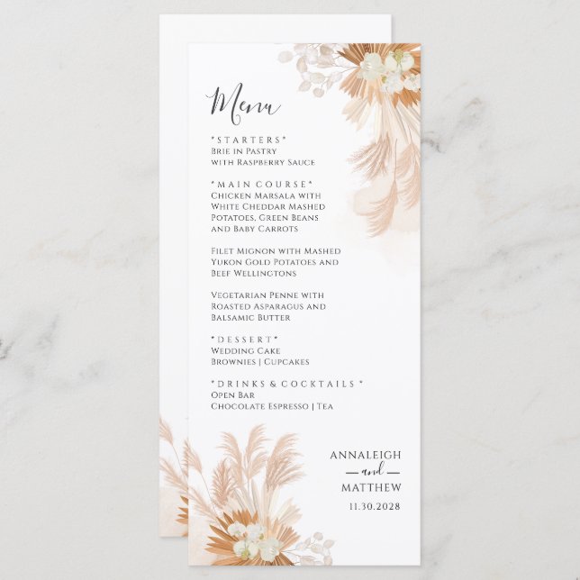 Terracotta Pampas Grass Botanical Wedding Menu (Front/Back)
