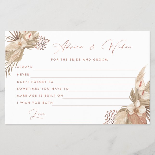 Terracotta Pampas Grass bride andgroom advice card (Front)