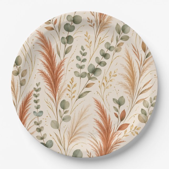 Terracotta Pampas Grass Eucalyptus Neutral Boho Paper Plate (Front)