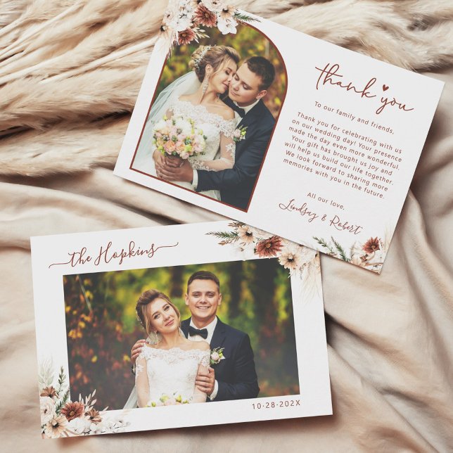 Terracotta Pampas Grass Floral Arch Wedding Photo Thank You Card (Creator Uploaded)