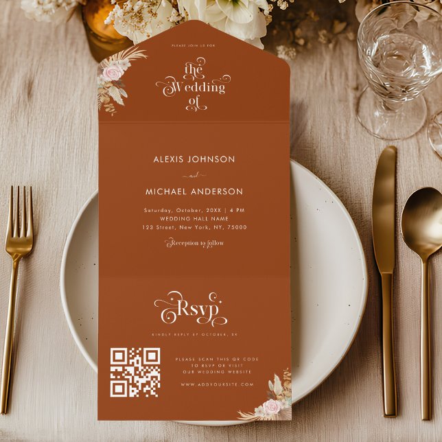 Terracotta Pampas Grass & Retro Boho Typography All In One Invitation (Creator Uploaded)