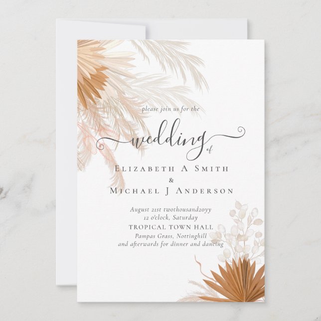 Terracotta Pampas Grass Tropical Wedding Invitation (Front)