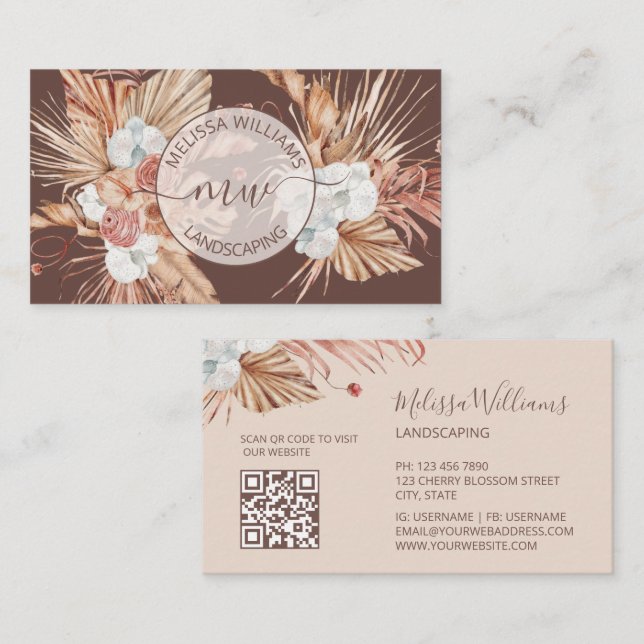 Terracotta Pampas Grass Watercolor Boho Logo Business Card (Front/Back)