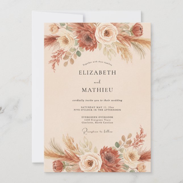 Terracotta Pampas Wheat Eucalyptus Wedding Invitation (Front)