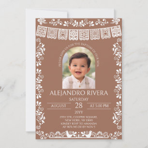 Terracotta Papel Picado Baptism Boy Photo Invitation