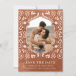 Terracotta Papel Picado Photo Save the Date Magnetic Invitation<br><div class="desc">Celebrate your love with this rustic terracotta Mexican-themed wedding Save the Date Card featuring an intricate floral design. Perfect for a boho-inspired wedding. Matching items in our store Cava Party Designs.</div>