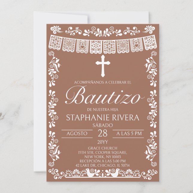 Terracotta Papel Picado Spanish Bautizo Invitation (Front)