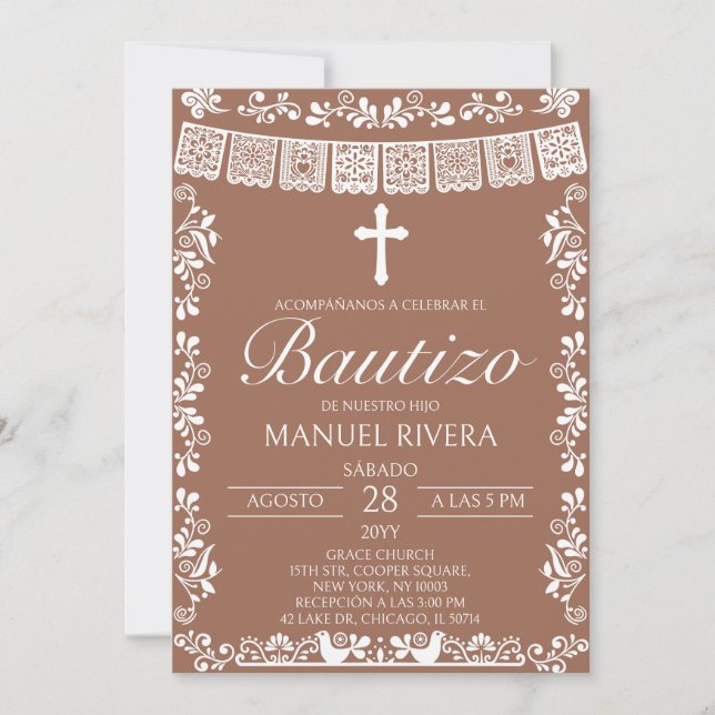 Terracotta Papel Picado Spanish Bautizo Invitation (Front)