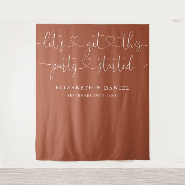 Terracotta Party Started Heart Script Wedding Tapestry (Front)