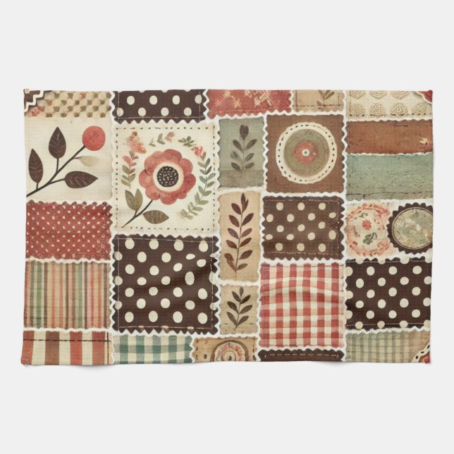 Terracotta Patchwork and Quilt Rustic Floral  Tea Towel (Horizontal)