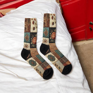 Terracotta Patchwork Quilt Pattern Retro Floral Socks