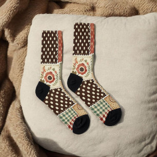 Terracotta Patchwork Quilt Pattern Retro Floral  Socks