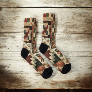 Terracotta Patchwork Quilt Pattern Retro Floral Socks