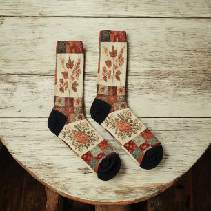 Terracotta Patchwork Quilt Pattern Retro Floral Socks