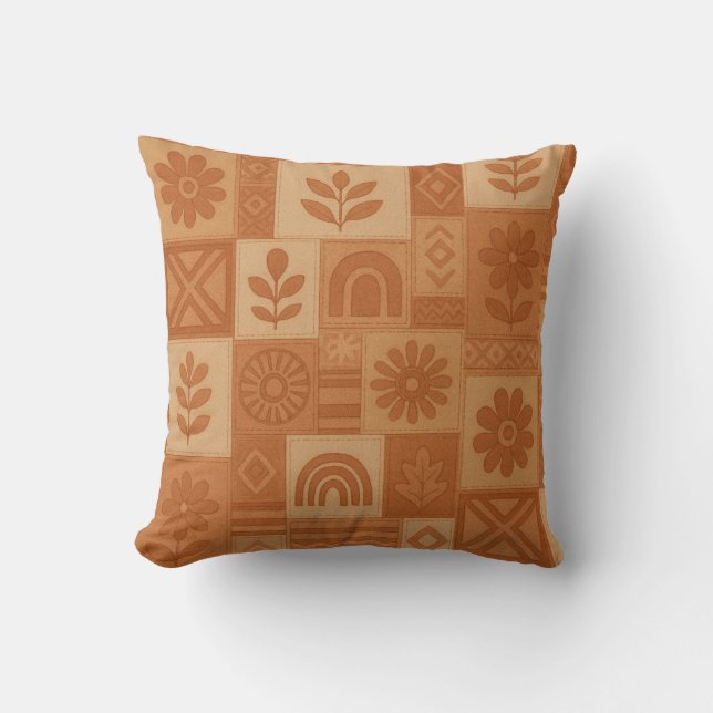 Terracotta Patchwork Quilt Rustic Farmhouse Floral Cushion (Front)