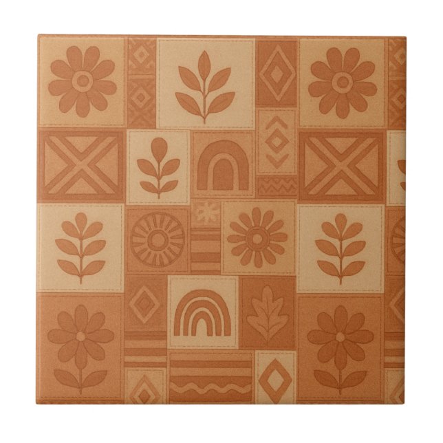 Terracotta Patchwork Quilt Rustic Farmhouse Floral Tile (Front)