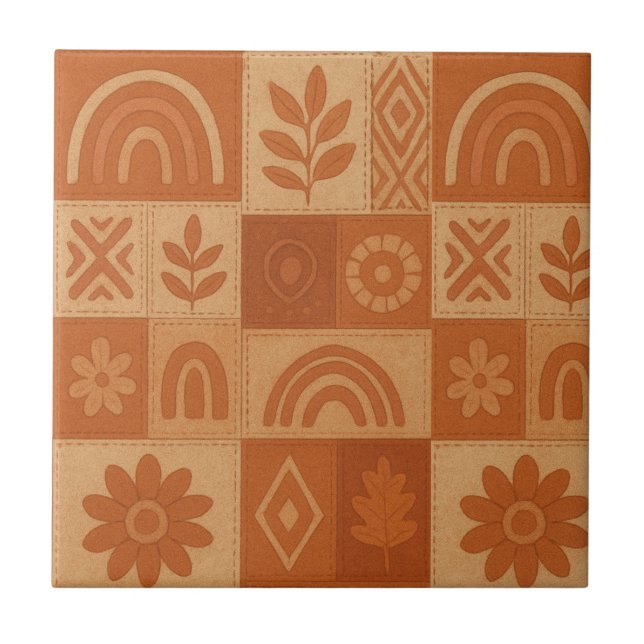 Terracotta Patchwork Quilt Rustic Farmhouse Floral Tile (Front)