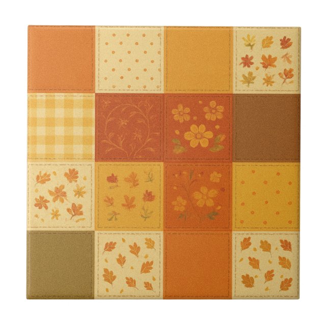 Terracotta Patchwork Quilt Rustic Farmhouse Floral Tile (Front)