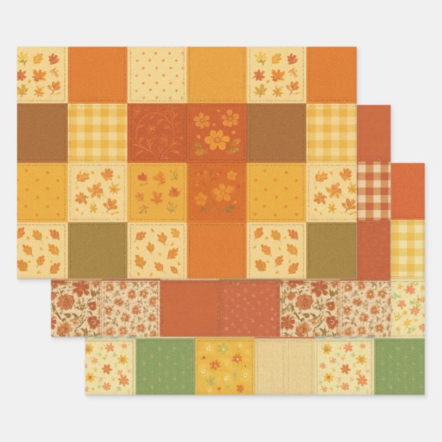 Terracotta Patchwork Quilt Rustic Farmhouse Floral Wrapping Paper Sheet (Set)