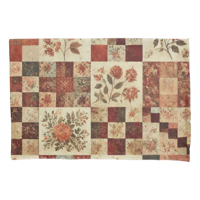 Terracotta Patchwork Quilt Rustic Farmhouse Pillowcase (Front)