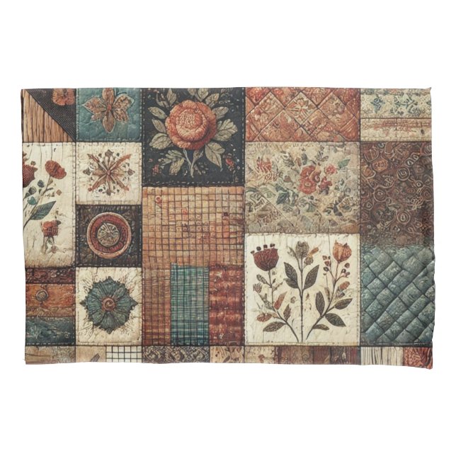 Terracotta Patchwork Quilt Rustic Farmhouse Pillowcase (Front)