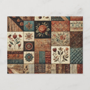 Terracotta Patchwork Quilt Rustic Floral Design Postcard