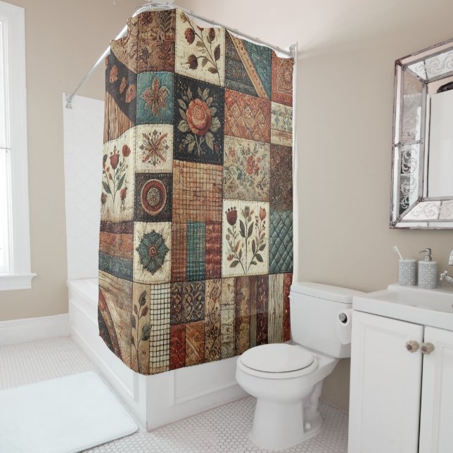 Terracotta Patchwork Quilt Rustic Retro Floral  Shower Curtain (In Situ)