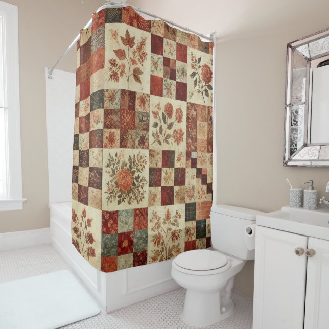 Terracotta Patchwork Quilt Rustic Retro Floral  Shower Curtain (In Situ)