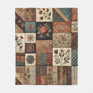 Terracotta Patchwork Quilt Rustic Retro Vintage  Fleece Blanket