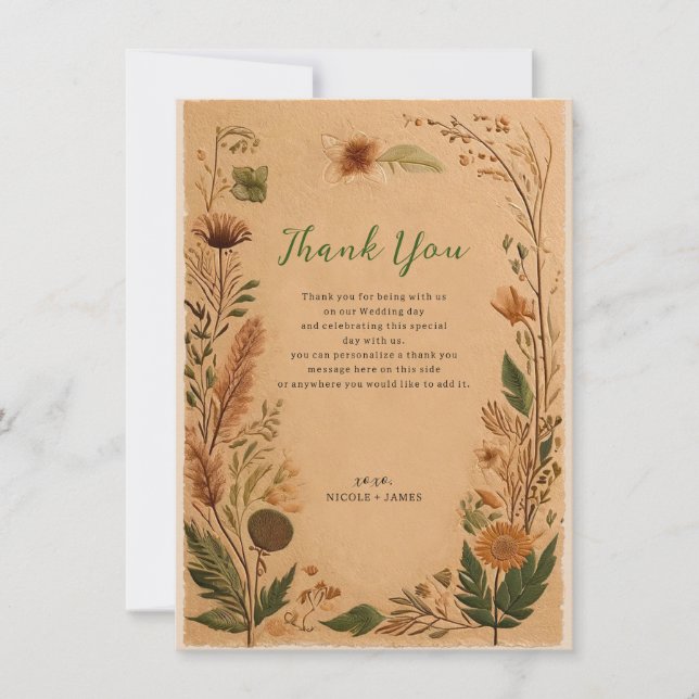 Terracotta Peach Pressed Flowers Boho Thank You Invitation (Front)