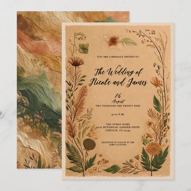 Terracotta Peach Pressed Flowers Boho Wedding Invitation (Front/Back)