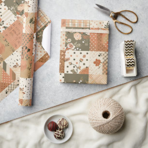 Terracotta Peach Quilt Earthy Gingham Cottagecore Wrapping Paper