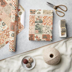 Terracotta Peach Quilt Earthy Gingham Cottagecore  Wrapping Paper