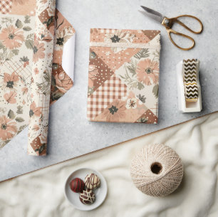 Terracotta Peach Quilt Earthy Gingham Cottagecore  Wrapping Paper