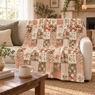 Terracotta Peach Quilt Patchwork Gingham Floral Fleece Blanket
