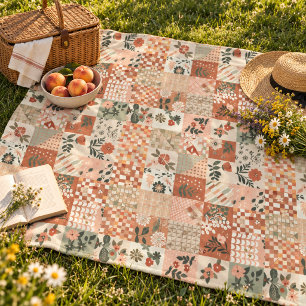 Terracotta Peach Quilt Patchwork Gingham Floral Fleece Blanket