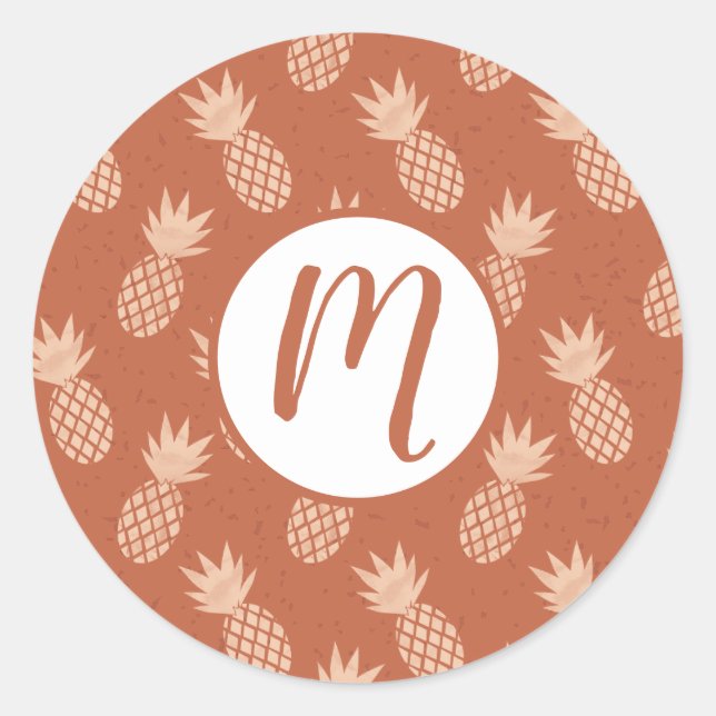 Terracotta & Peach Tropical Pineapple Pattern Classic Round Sticker (Front)