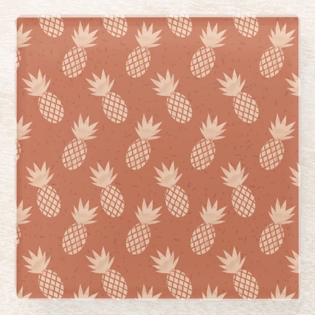 Terracotta & Peach Tropical Pineapple Pattern Glass Coaster (Front)