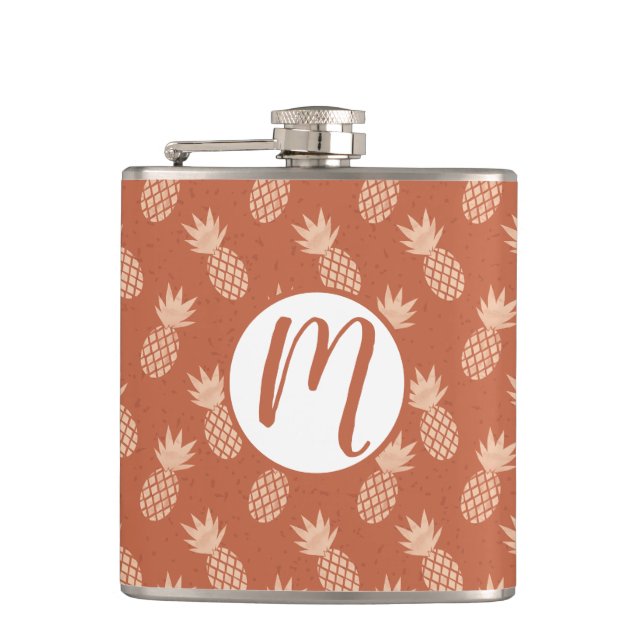 Terracotta & Peach Tropical Pineapple Pattern Hip Flask (Front)