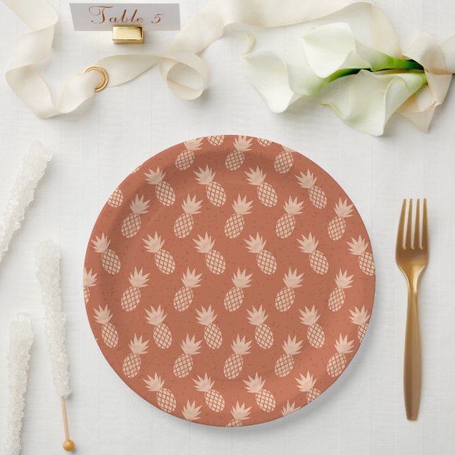 Terracotta & Peach Tropical Pineapple Pattern Paper Plate (Wedding)