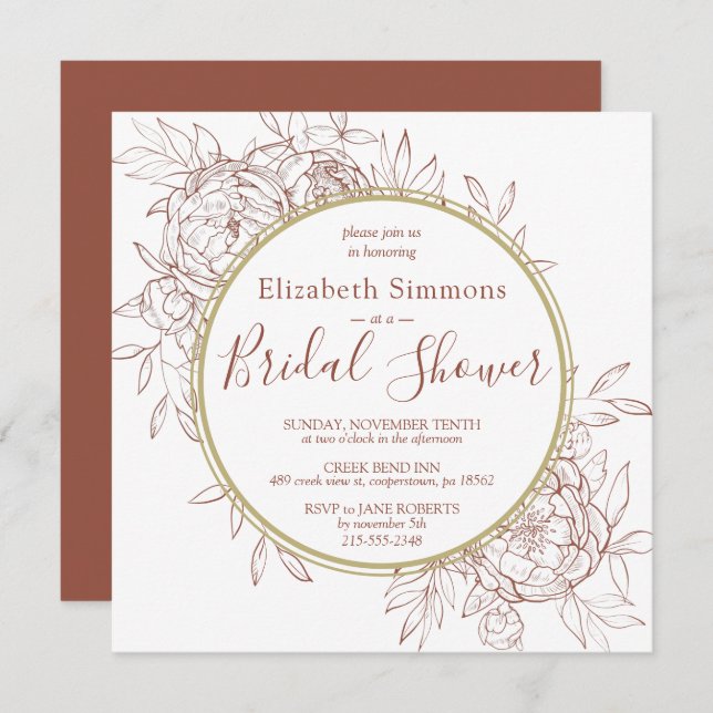 Terracotta Peony Floral Modern Toile Bridal Shower Invitation (Front/Back)
