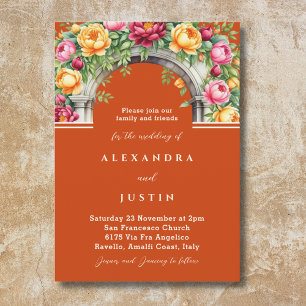 Terracotta Peony Roses Floral Arch Wedding  Invitation