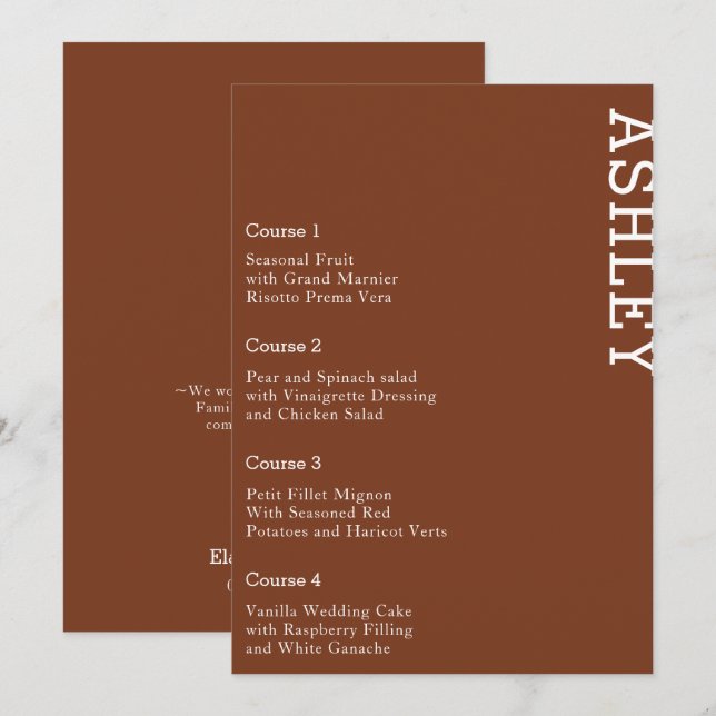 Terracotta Personalised Guest Name Wedding  Menu (Front/Back)