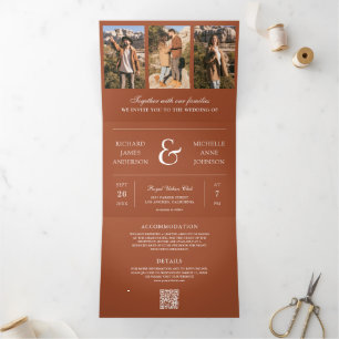 Terracotta Photo Collage QR Code Wedding Tri-Fold Invitation